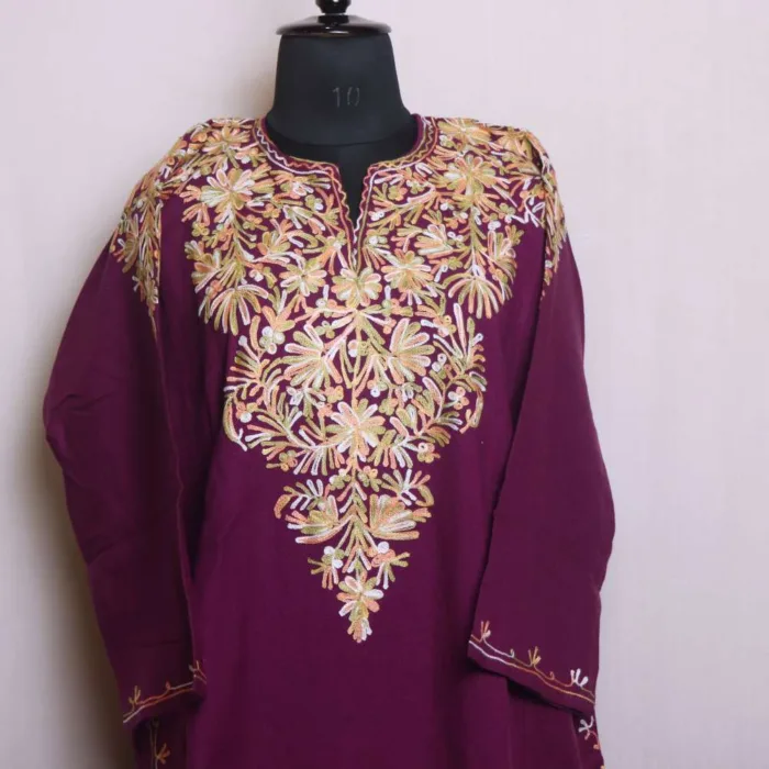 Cozy Winter Aari Front-Back Work Dark Magenta Colored Pheran in Soft Cashmilon - Babedemb Collection