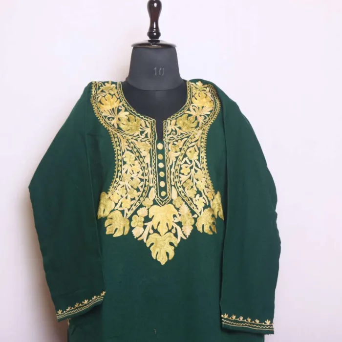 Soft and Cozy Forest Green Cashmilon Pheran with Elegant Aari Patterns | Saida-Kadal Collection