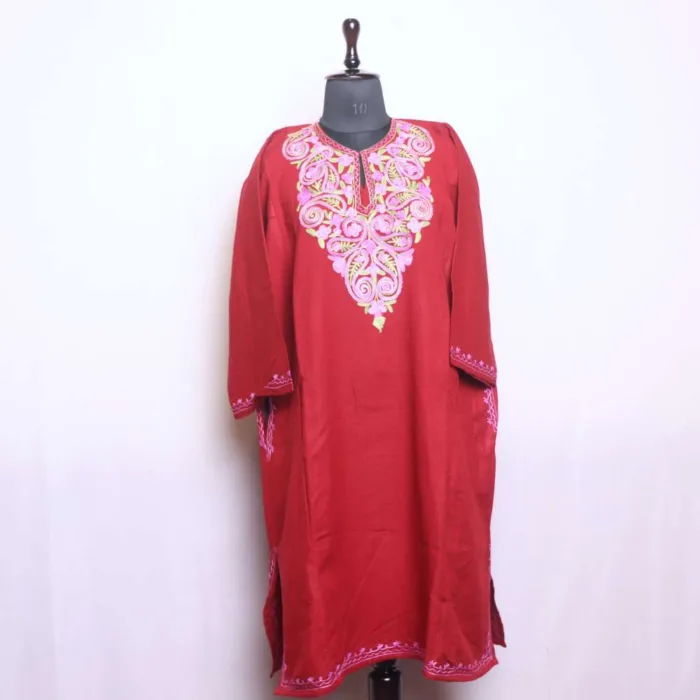 Dark Red Aari Embroidered Pheran in Soft Cashmilon Fabric - Dal Lake Collection - Image 2