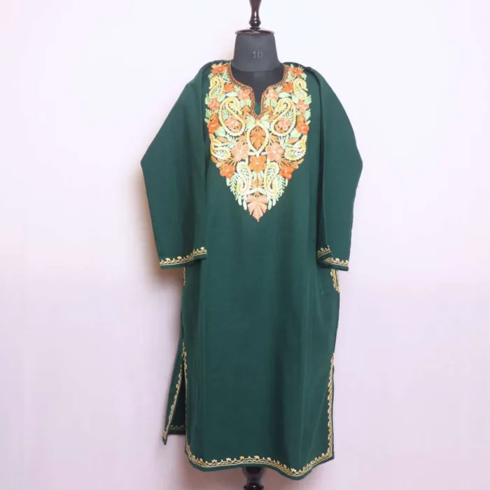 Dark Green Aari Embroidered Cashmilon Pheran for Cold Weather - Saidakadal Collection - Image 2