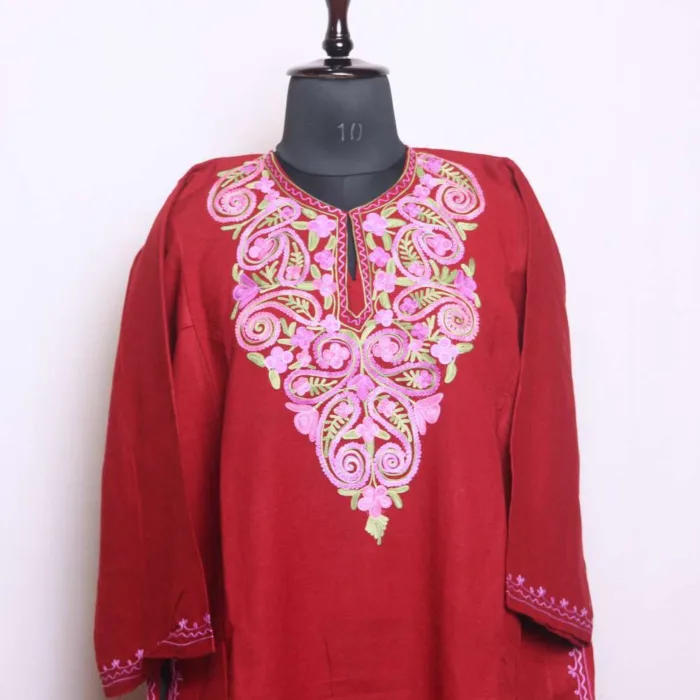 Dark Red Aari Embroidered Pheran in Soft Cashmilon Fabric - Dal Lake Collection