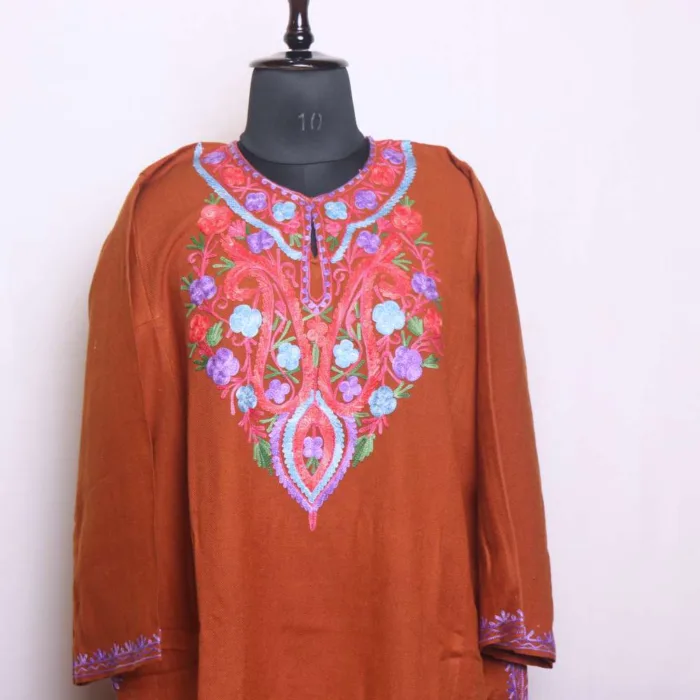 Stylish Brown Kashmiri Pheran with Aari Embroidery on Cashmilon - Dal Lake Collection