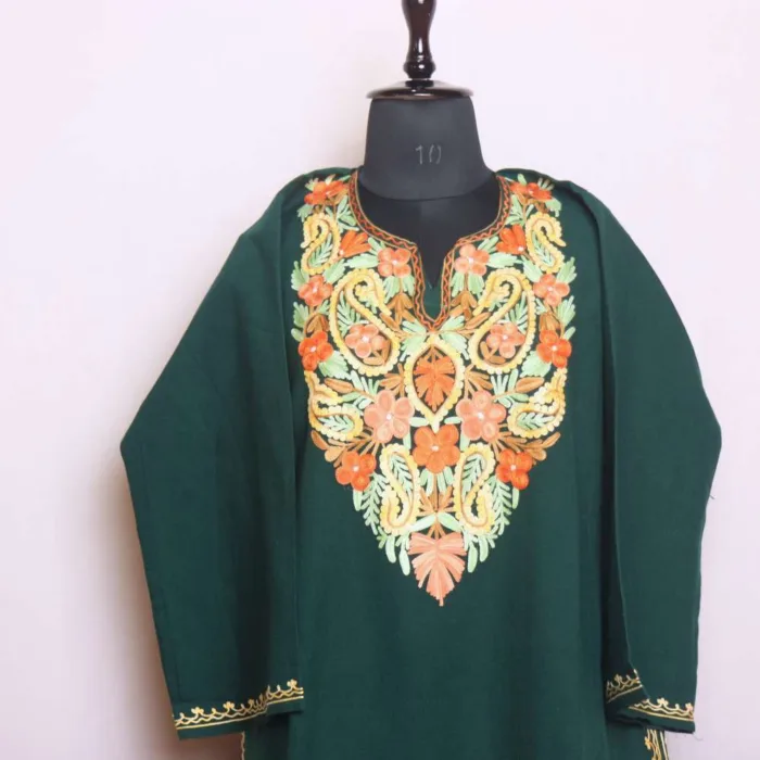 Dark Green Aari Embroidered Cashmilon Pheran for Cold Weather - Saidakadal Collection