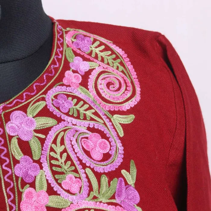 Dark Red Aari Embroidered Pheran in Soft Cashmilon Fabric - Dal Lake Collection - Image 3