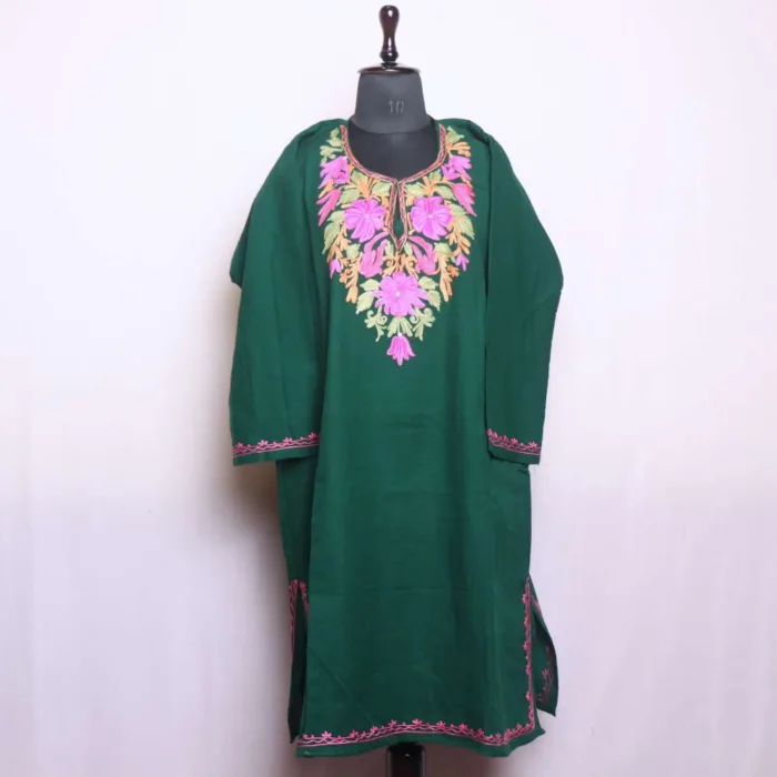 Sophisticated Dark Green Winter Cashmilon Pheran with Intricate Aari Embroidery - Dal Lake Collection - Image 2