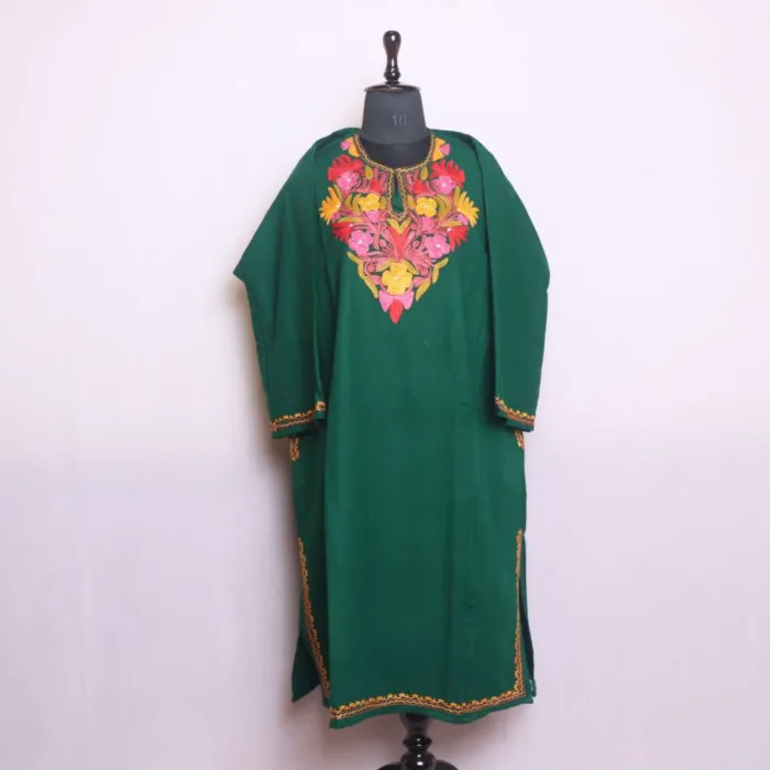 Stylish Dark Green Cashmilon Pheran with Artistic Aari Embroidery | Saida-Kadal Collection - Image 2