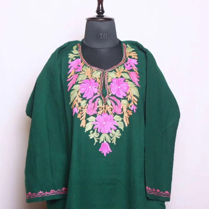 Sophisticated Dark Green Winter Cashmilon Pheran with Intricate Aari Embroidery - Dal Lake Collection