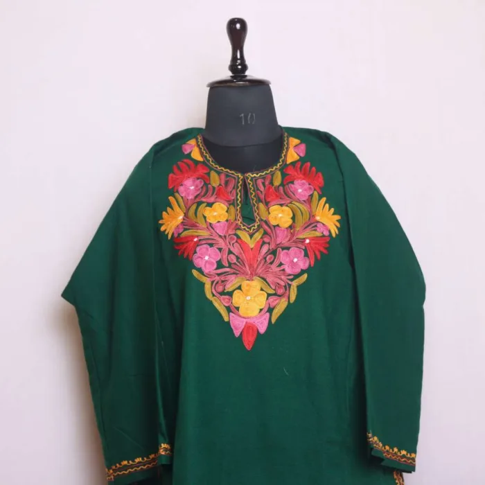 Stylish Dark Green Cashmilon Pheran with Artistic Aari Embroidery | Saida-Kadal Collection