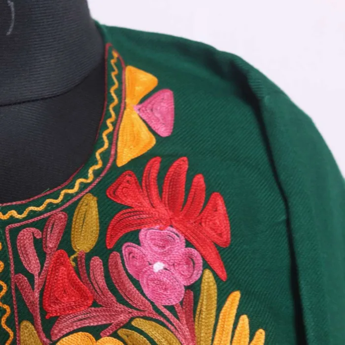 Stylish Dark Green Cashmilon Pheran with Artistic Aari Embroidery | Saida-Kadal Collection - Image 3