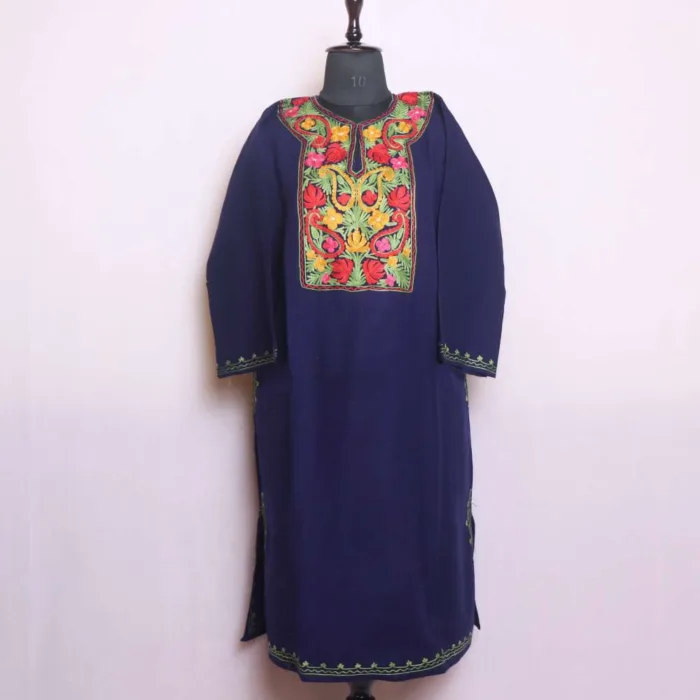 Indigo Color Aari Embroidered Cashmilon Pheran for Chilly Days - Saidakadal Collection - Image 2