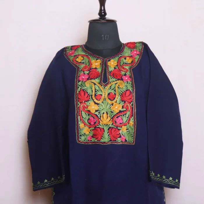 Indigo Color Aari Embroidered Cashmilon Pheran for Chilly Days - Saidakadal Collection