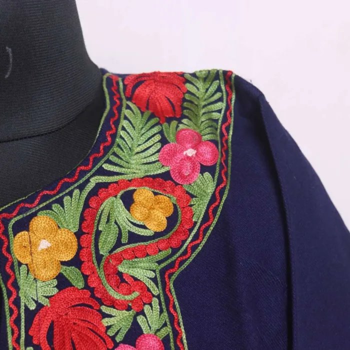 Indigo Color Aari Embroidered Cashmilon Pheran for Chilly Days - Saidakadal Collection - Image 3