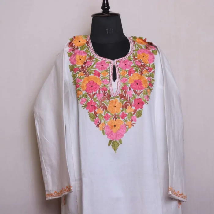 Off White Winter Cashmilon Pheran with Aari Detailing | Saida-Kadal Collection