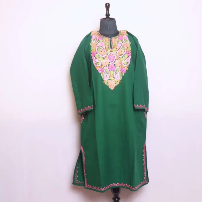 Soft Forest Green Cashmilon Winter Pheran with Artistic Aari Embroidery - Saidakadal Collection - Image 2