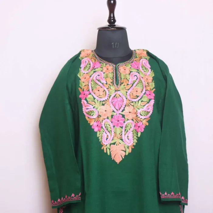 Soft Forest Green Cashmilon Winter Pheran with Artistic Aari Embroidery - Saidakadal Collection