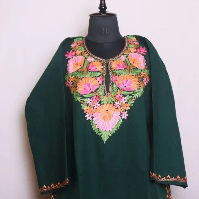 Forest Green Cashmilon Pheran with Exquisite Aari Work | Saida-Kadal Collection