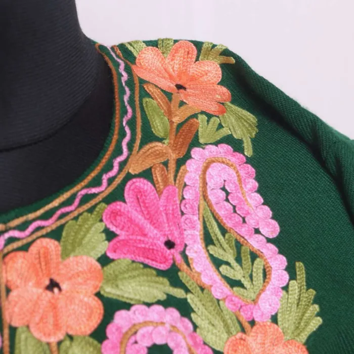 Soft Forest Green Cashmilon Winter Pheran with Artistic Aari Embroidery - Saidakadal Collection - Image 3