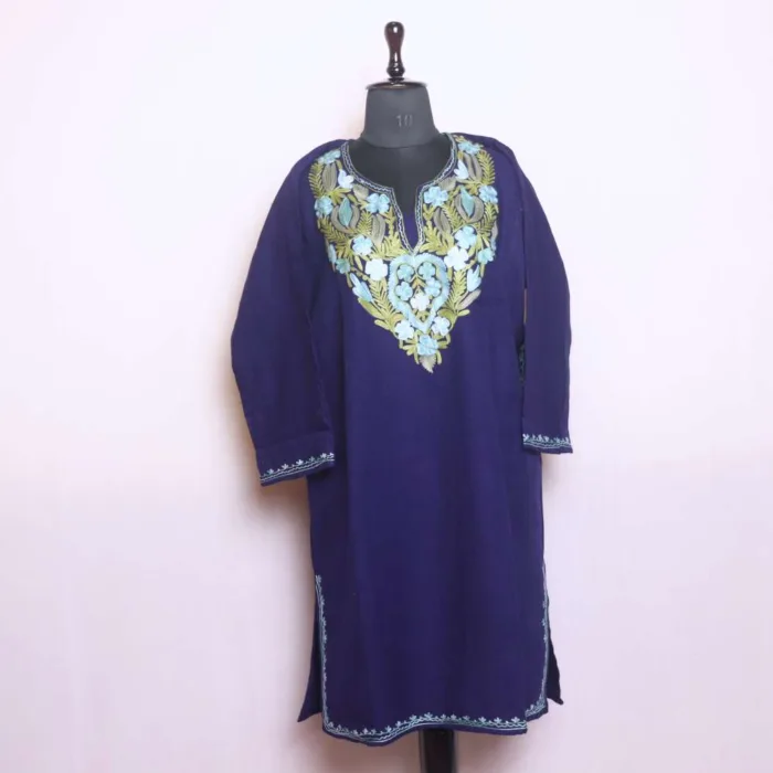 Cozy Dark Blue Cashmilon Winter Wear Pheran with Aari Embroidery - Saidakadal Collection - Image 2