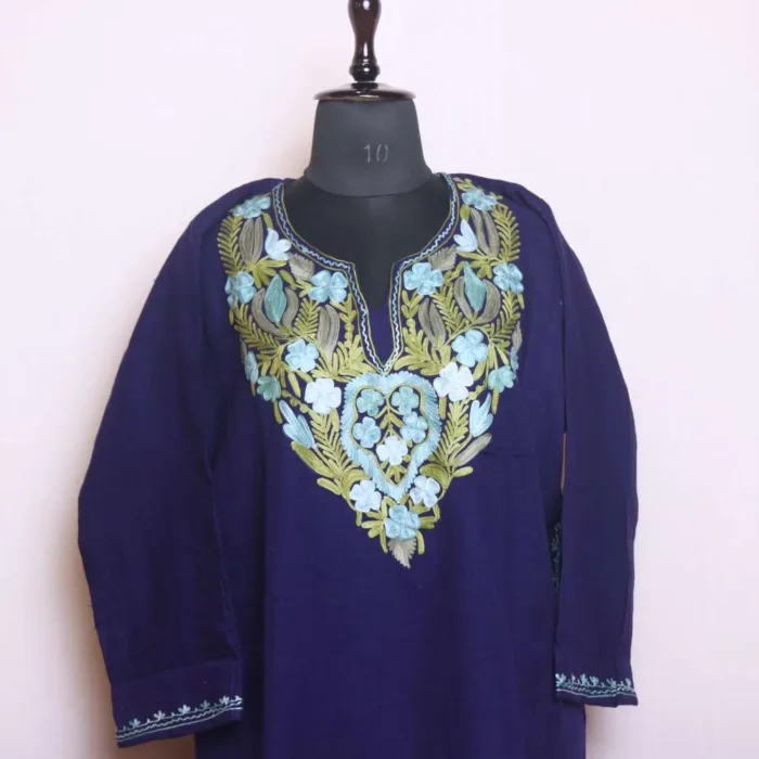 Cozy Dark Blue Cashmilon Winter Wear Pheran with Aari Embroidery - Saidakadal Collection