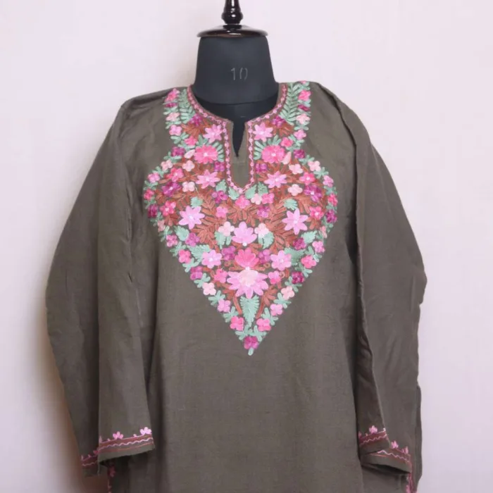 Sophisticated Beige Aari Embroidered Cashmilon Pheran for Chilly Days | Saida-Kadal Collection