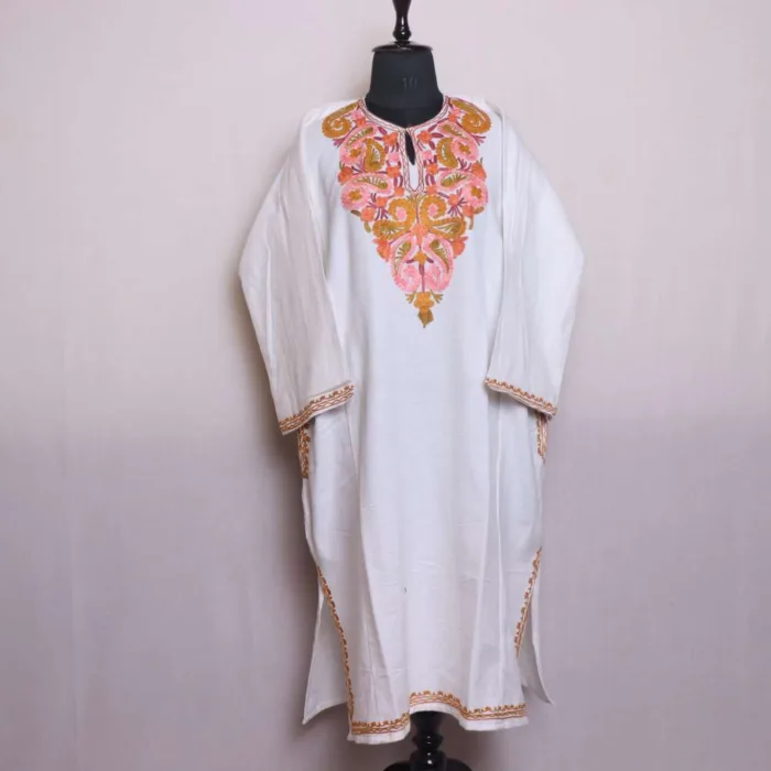 White Aari Embroidered Pheran in Comfortable Cashmilon Fabric - Saidakadal Collection - Image 2