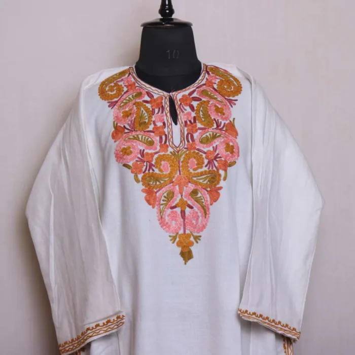 White Aari Embroidered Pheran in Comfortable Cashmilon Fabric - Saidakadal Collection