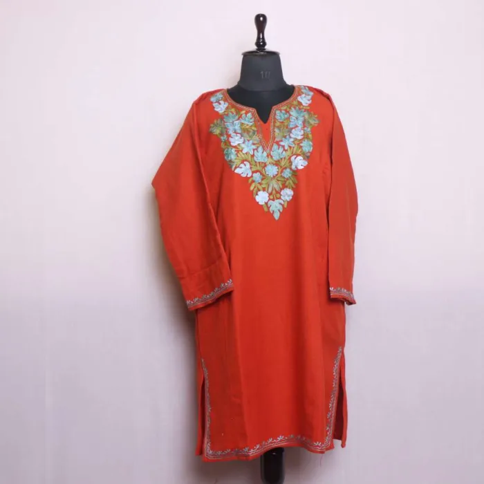 Soft Rust Cashmilon Winter Pheran with Artistic Aari Embroidery - Saidakadal Collection - Image 2