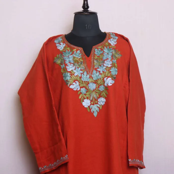 Soft Rust Cashmilon Winter Pheran with Artistic Aari Embroidery - Saidakadal Collection