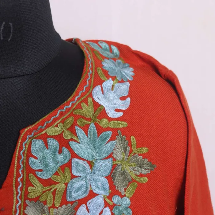 Soft Rust Cashmilon Winter Pheran with Artistic Aari Embroidery - Saidakadal Collection - Image 3