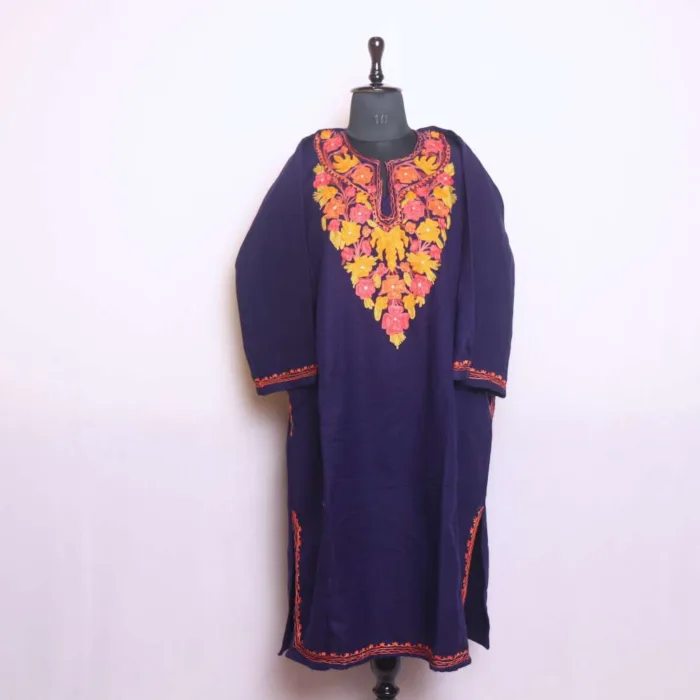 Dark Blue Winter Cashmilon Pheran with Elegent Aari Embroidery | Saida-Kadal Collection - Image 2