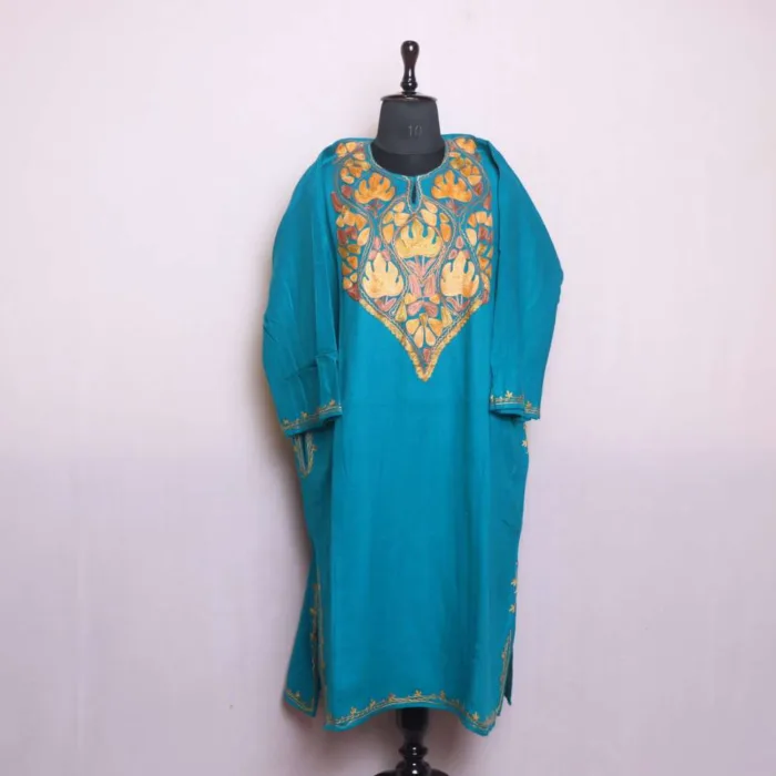 Soft Blue Cashmilon Winter Pheran with Artistic Aari Embroidery - Saidakadal Collection - Image 2