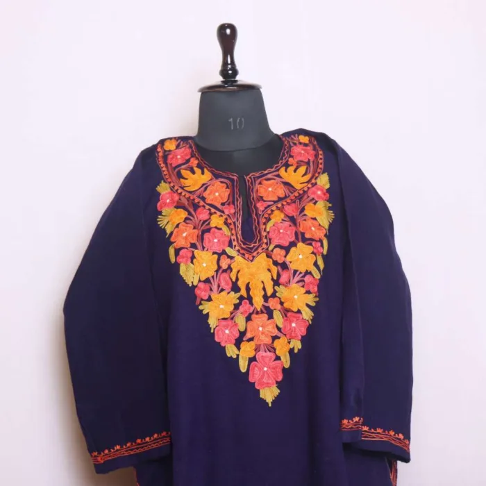 Dark Blue Winter Cashmilon Pheran with Elegent Aari Embroidery | Saida-Kadal Collection