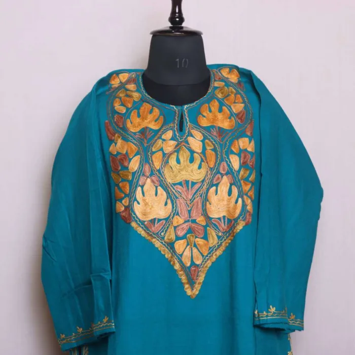 Soft Blue Cashmilon Winter Pheran with Artistic Aari Embroidery - Saidakadal Collection