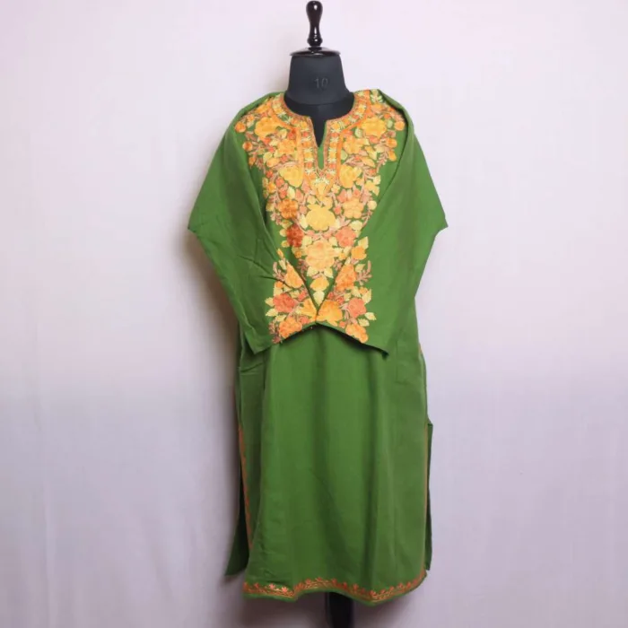 Elegant Parrot Green Aari Embroidered Pheran | Heavy Sleeve Work - Nowshera Collection - Image 2