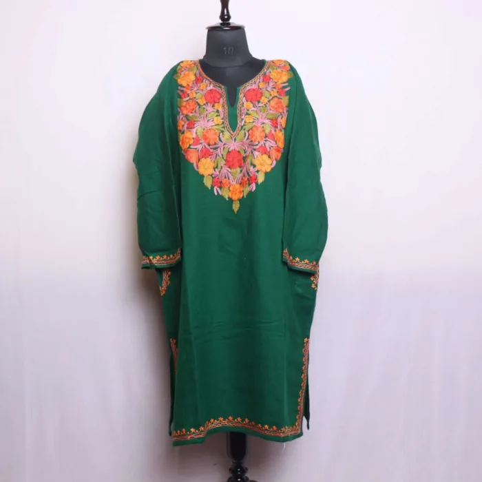 Elegant Dark Green Cashmilon Pheran with Aari Work | Chashma-Shahi Collection - Image 2