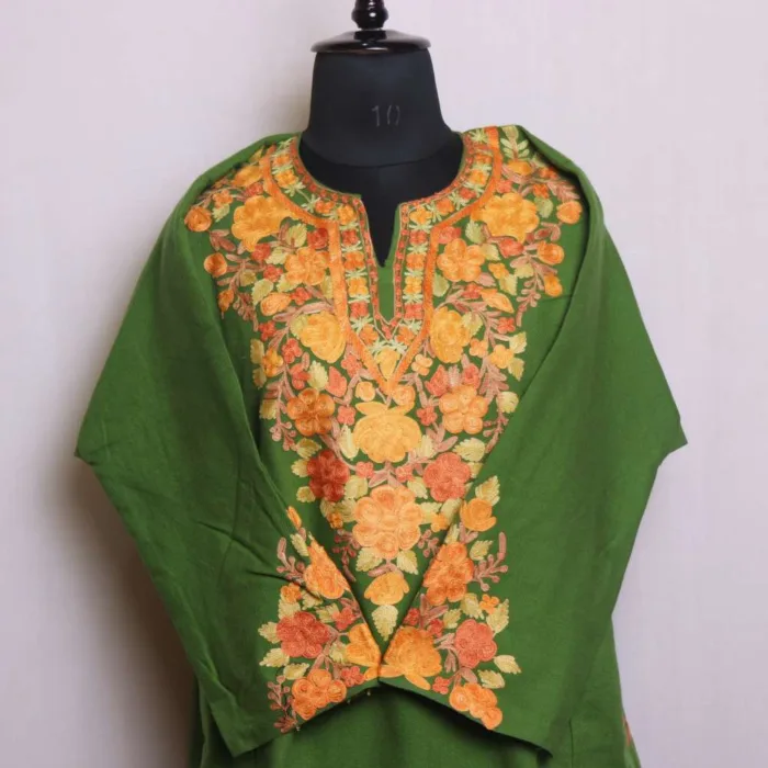 Elegant Parrot Green Aari Embroidered Pheran | Heavy Sleeve Work - Nowshera Collection