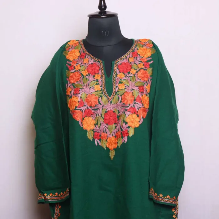 Elegant Dark Green Cashmilon Pheran with Aari Work | Chashma-Shahi Collection