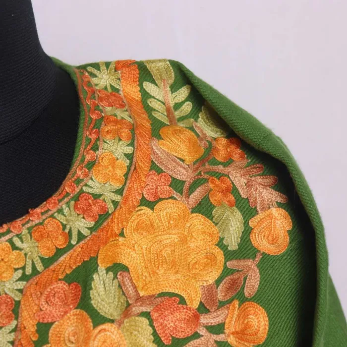 Elegant Parrot Green Aari Embroidered Pheran | Heavy Sleeve Work - Nowshera Collection - Image 3