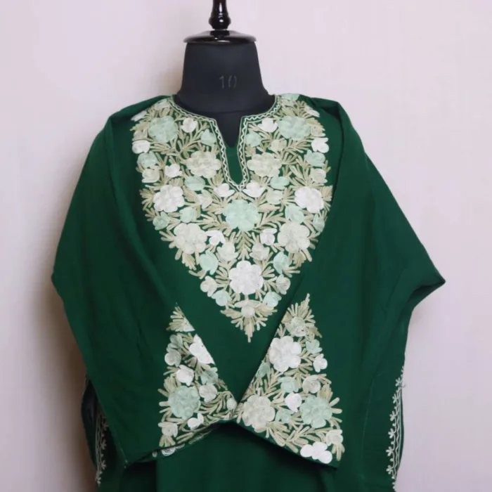 Heavy Sleeve Embroidery Cashmilon Dark Green Aari Pheran for Winter - Nowshera Collection