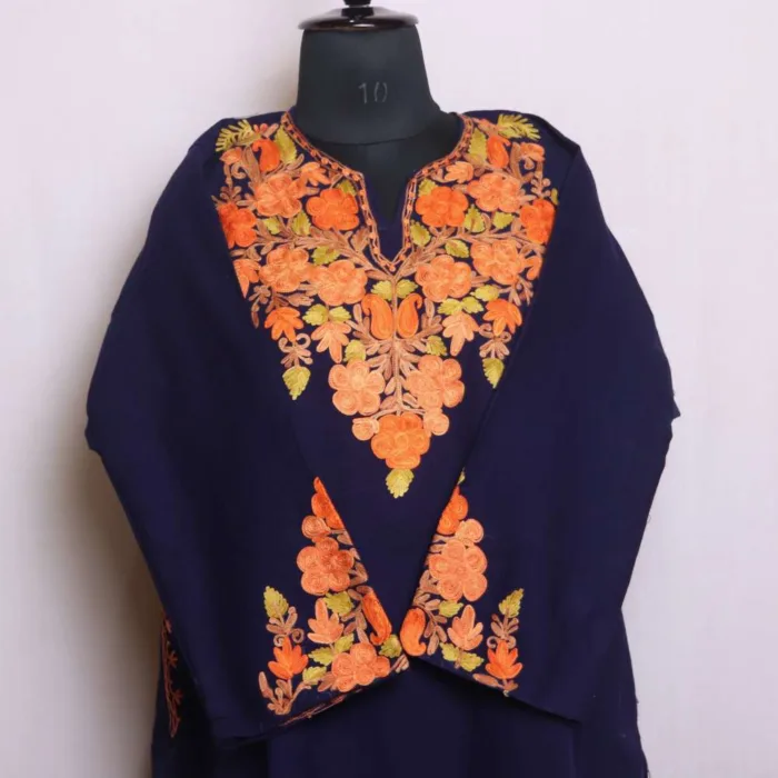 Navy Blue Aari Work Pheran with Heavy Sleeve Embroidery - Nowshera Collection