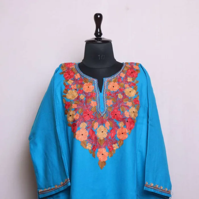 Stylish Blue Cashmilon Aari Worked Loose Pheran for Winter | Chashma-Shahi Collection