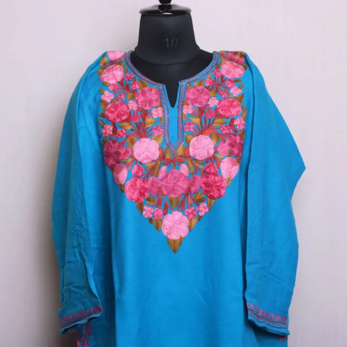 Kashmiri Cashmilon Sky Blue Pheran with Intricate Aari Embroidery | Chashma-Shahi Collection