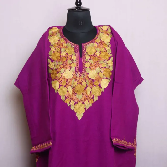 Soft Purple Cashmilon Pheran with Elegent Aari Work | Chashma-Shahi Collection