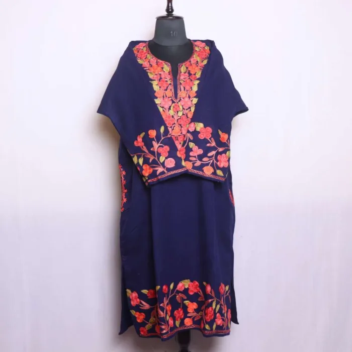 Indigo  Cashmilon Pheran with Jaal Daman and Sleeve Embroidery - Dal Lake Collection