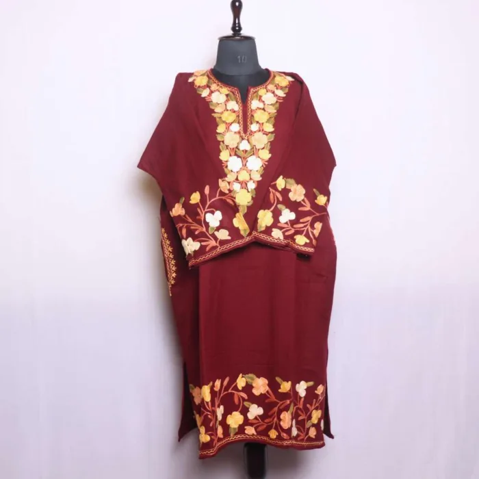 Maroon Aari Embroidery Pheran with Jaal Daman and Sleeves - Dal Lake Collection