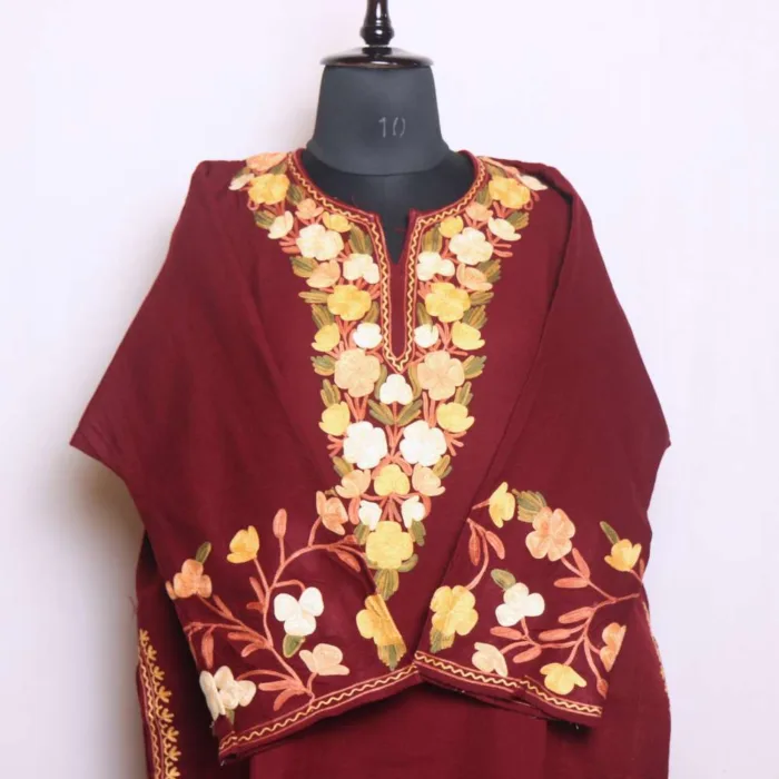 Maroon Aari Embroidery Pheran with Jaal Daman and Sleeves - Dal Lake Collection - Image 2