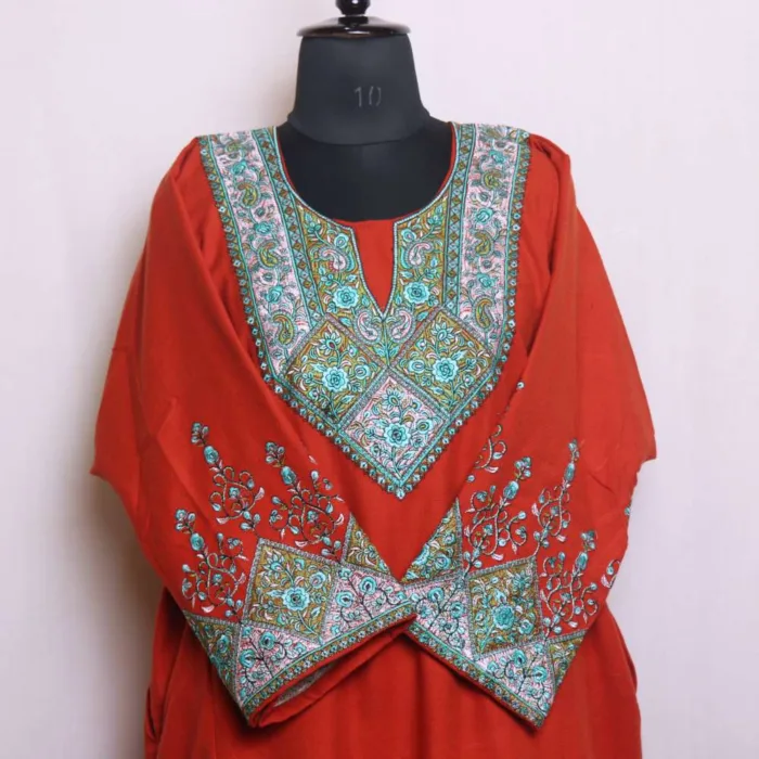 Elegant Rustic Orange Cashmilon Needle Embroidered Feran | Pheran with Sleeve Work - Babedemb Collection