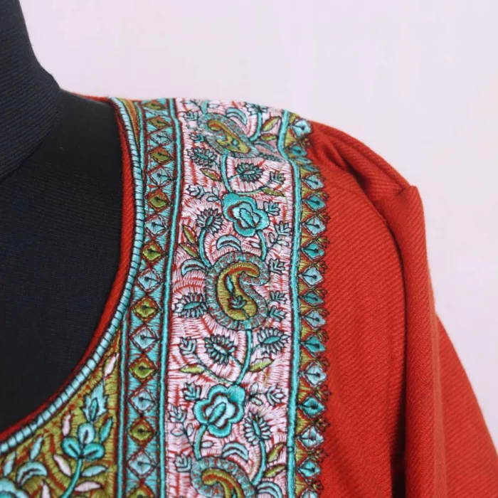 Elegant Rustic Orange Cashmilon Needle Embroidered Feran | Pheran with Sleeve Work - Babedemb Collection - Image 3