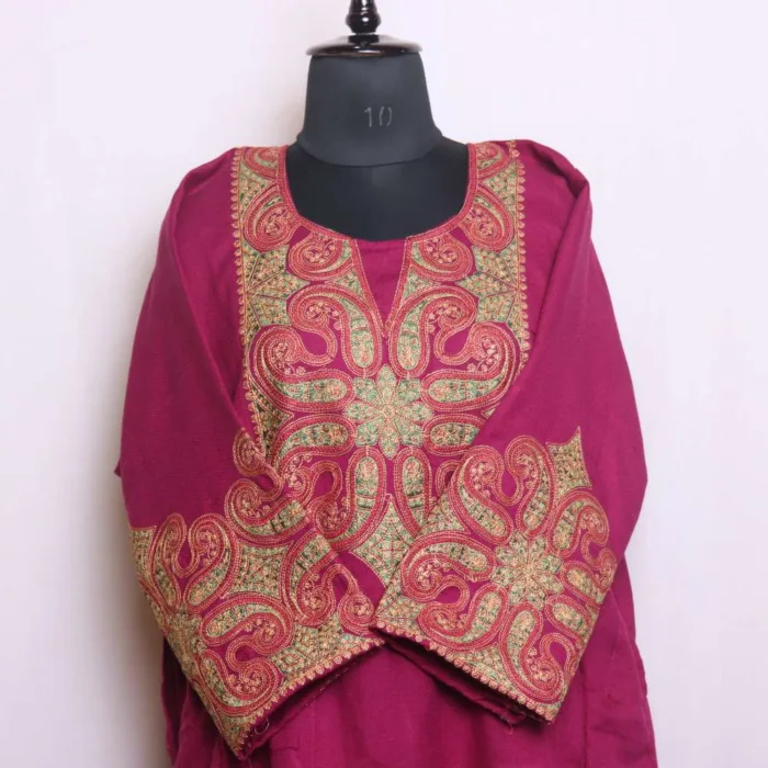 Stylish Magenta Cashmilon Needle and Sleeve Embroidered Loose Feran | Feran - Babedemb Collection