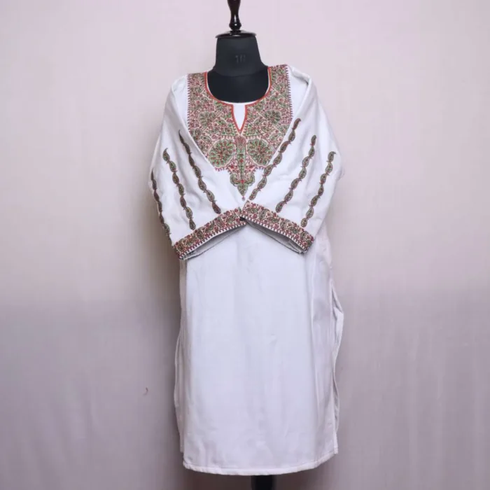 Cream White Cashmilon Needle Embroidered Feran | Pheran with Sleeve Work - Babedemb Collection - Image 2